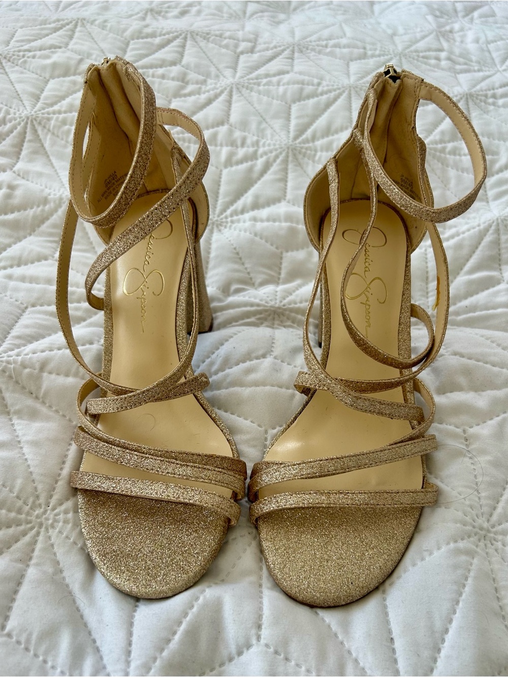 Jessica Simpson Champagne Gold Glitter Strappy Ankle Tie Heels